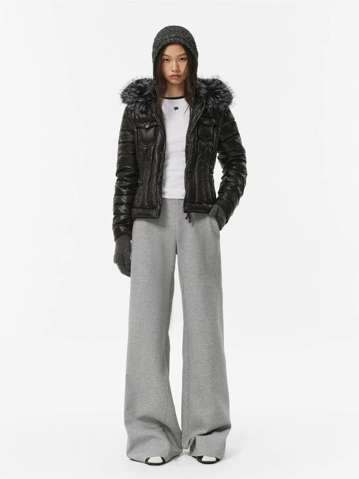 Denim Trim Fur-Collar Down Jacket