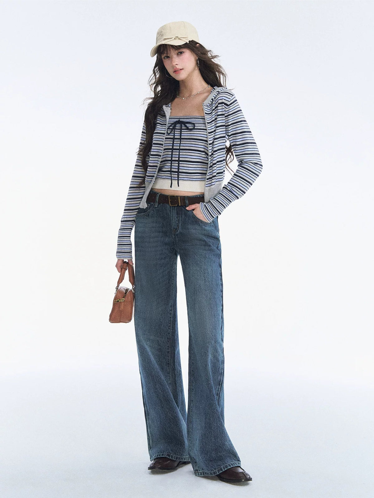 Striped Hooded Cardigan Bandeau Knit Set