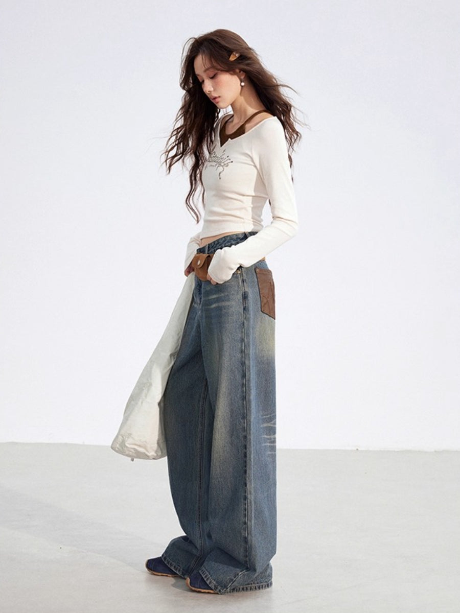 Leather-Patch Wide-Leg Denim Pants