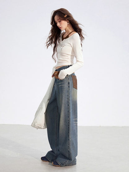 Leather-Patch Wide-Leg Denim Pants