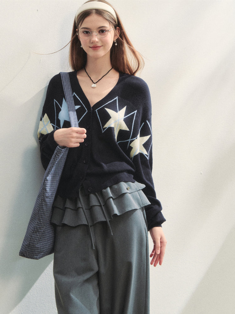 Single-breasted Star Argyle Knit Cardigan