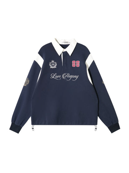 Contrast Collar Embroidered Drawstring Sweatshirt