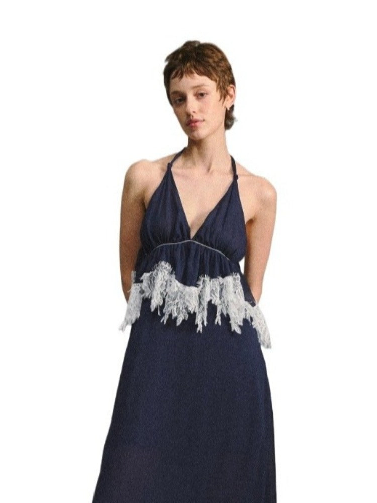 Navy Halter Lace Maxi Dress