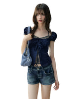 Layered Lace Bow Puff Top