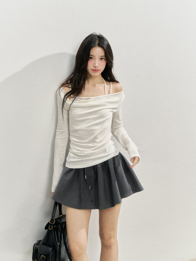 Beaded Halter Fake Two- Piece Long-Sleeve T-Shirt