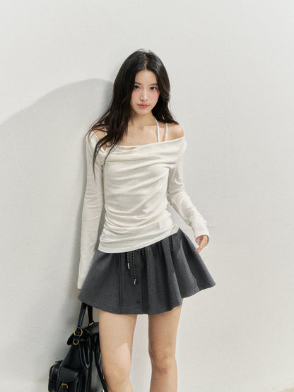Beaded Halter Fake Two- Piece Long-Sleeve T-Shirt