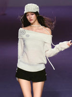 Snowflake Rhinestone Off-Shoulder Sweater