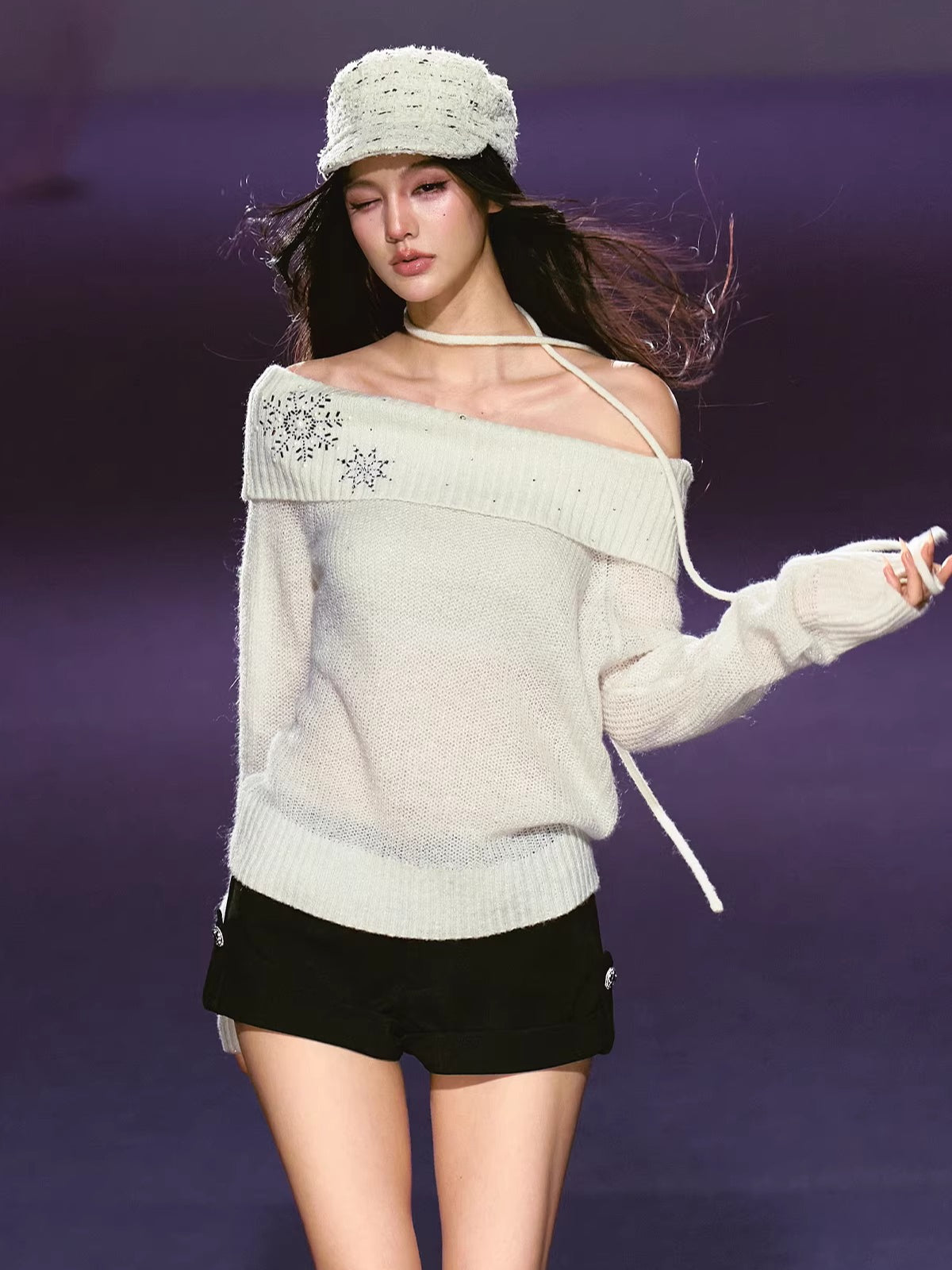 Snowflake Rhinestone Off-Shoulder Sweater