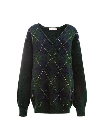 Argyle V-Neck Loose Knit Sweater