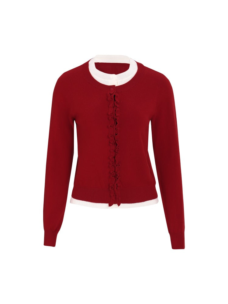 Red Layered Ruffle Trim Knit Pullover