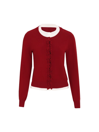 Red Layered Ruffle Trim Knit Pullover