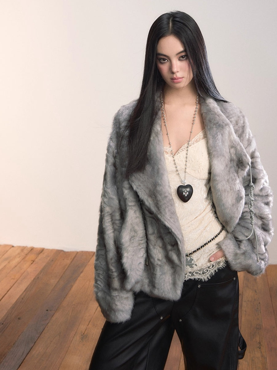 Textured Custom Large Notch Collar Faux Fur Coat