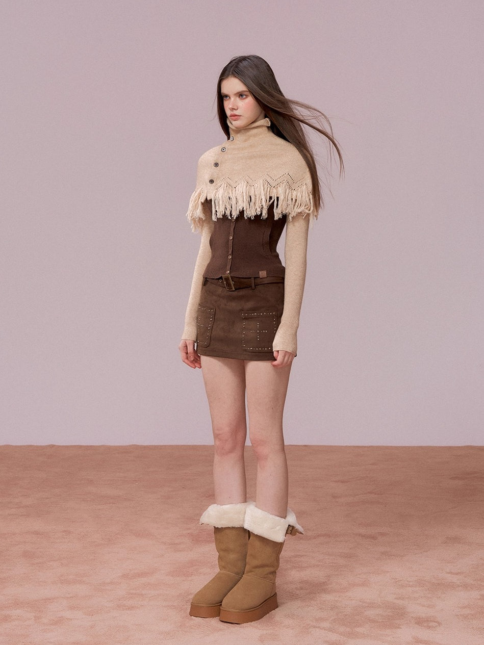 Color-Block High Neck Knit Top &amp; Fringe Cape Set