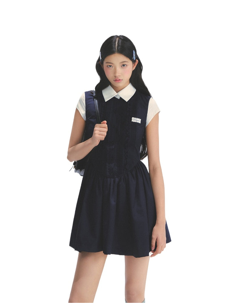 Miu-style Fake Two-piece Navy Blue Dress
