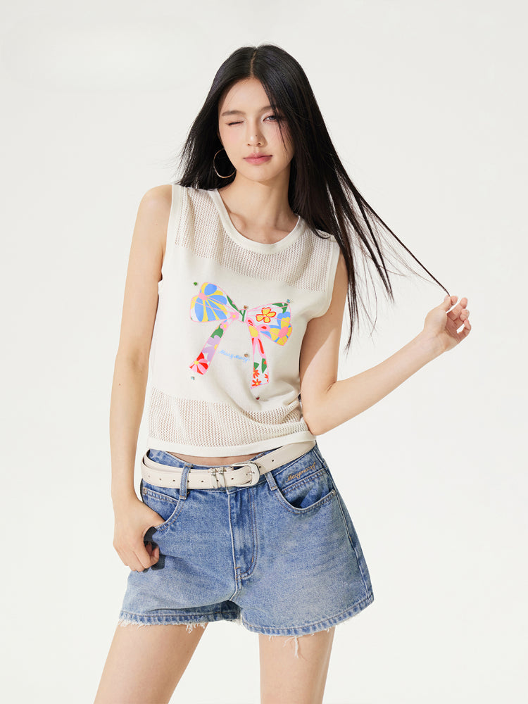 Bowknot Hollow Out Tencel Tank Top