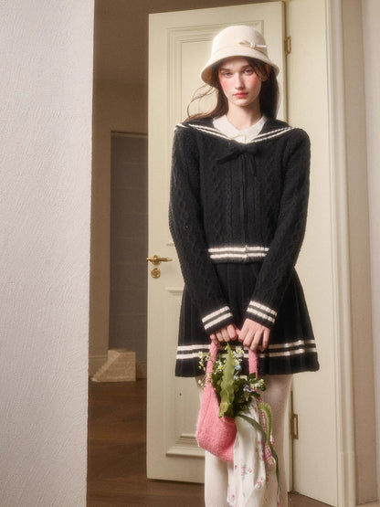 Memo Wool Cloud Knit Cardigan &amp; Pleated Skirt Set