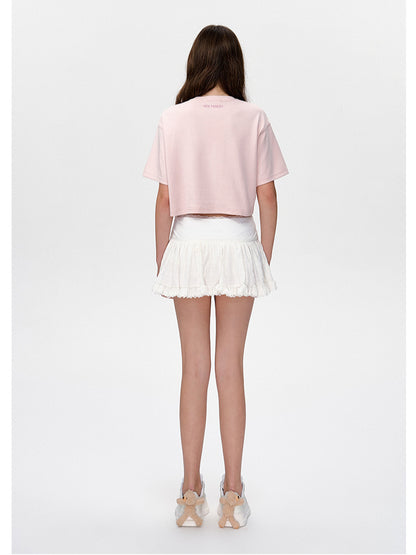 Applique Embroidery Gathered Short-Sleeve T-Shirt