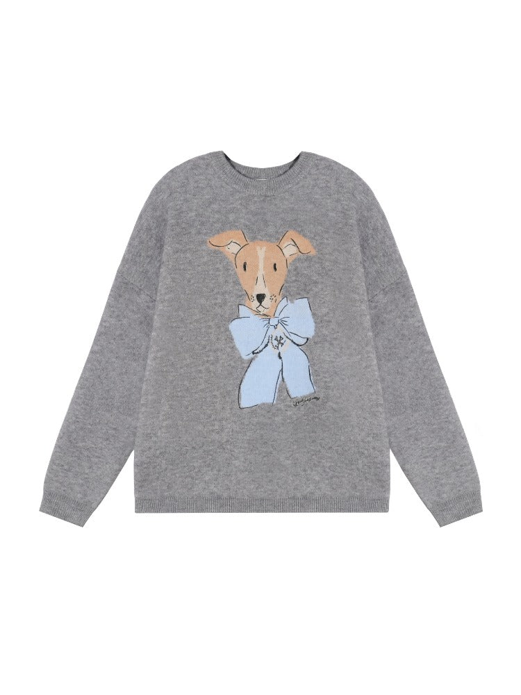 Bow-Knot Puppy Jacquard Pullover Sweater