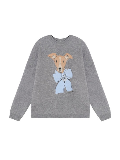 Bow-Knot Puppy Jacquard Pullover Sweater