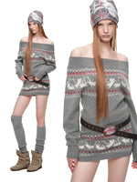 Fair Isle Cat Off-Shoulder Sweater