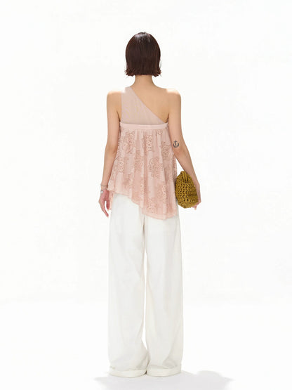 Mesh One-Shoulder Lace Top