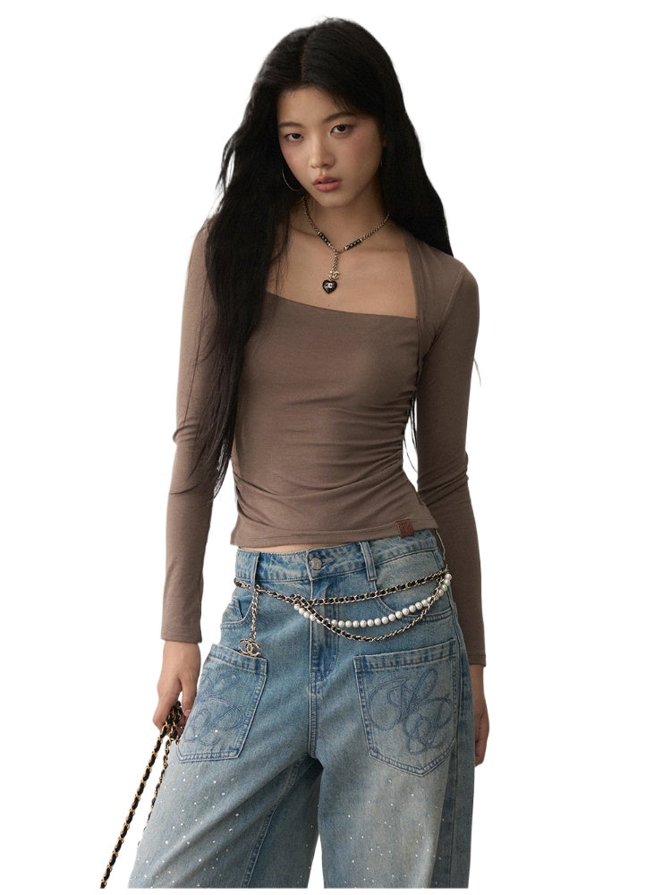 One-Shoulder Strapless Long-Sleeve Blouse