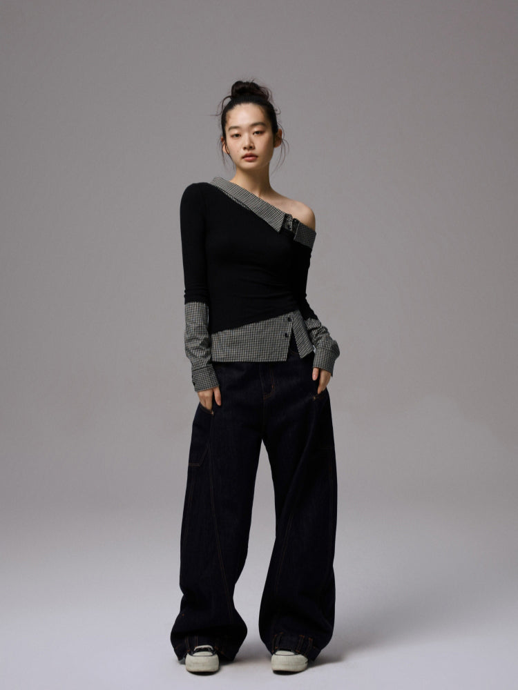 Double Waistband Raw Denim Wide-Leg Jeans