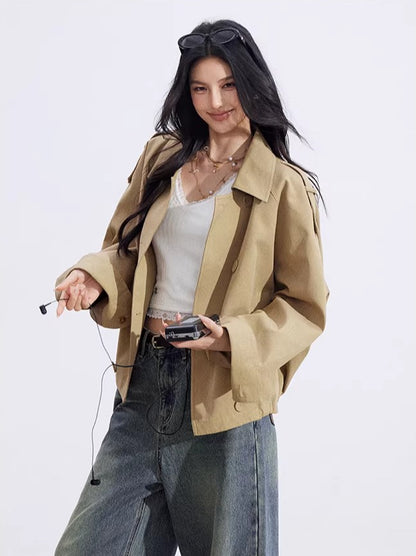 Khaki Plaid Panel Double-Breasted Jacket