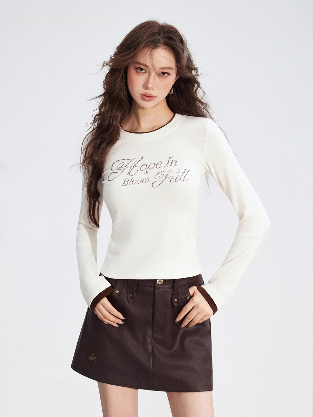 Faux-Layered Rhinestone Letter Fitted T-Shirt