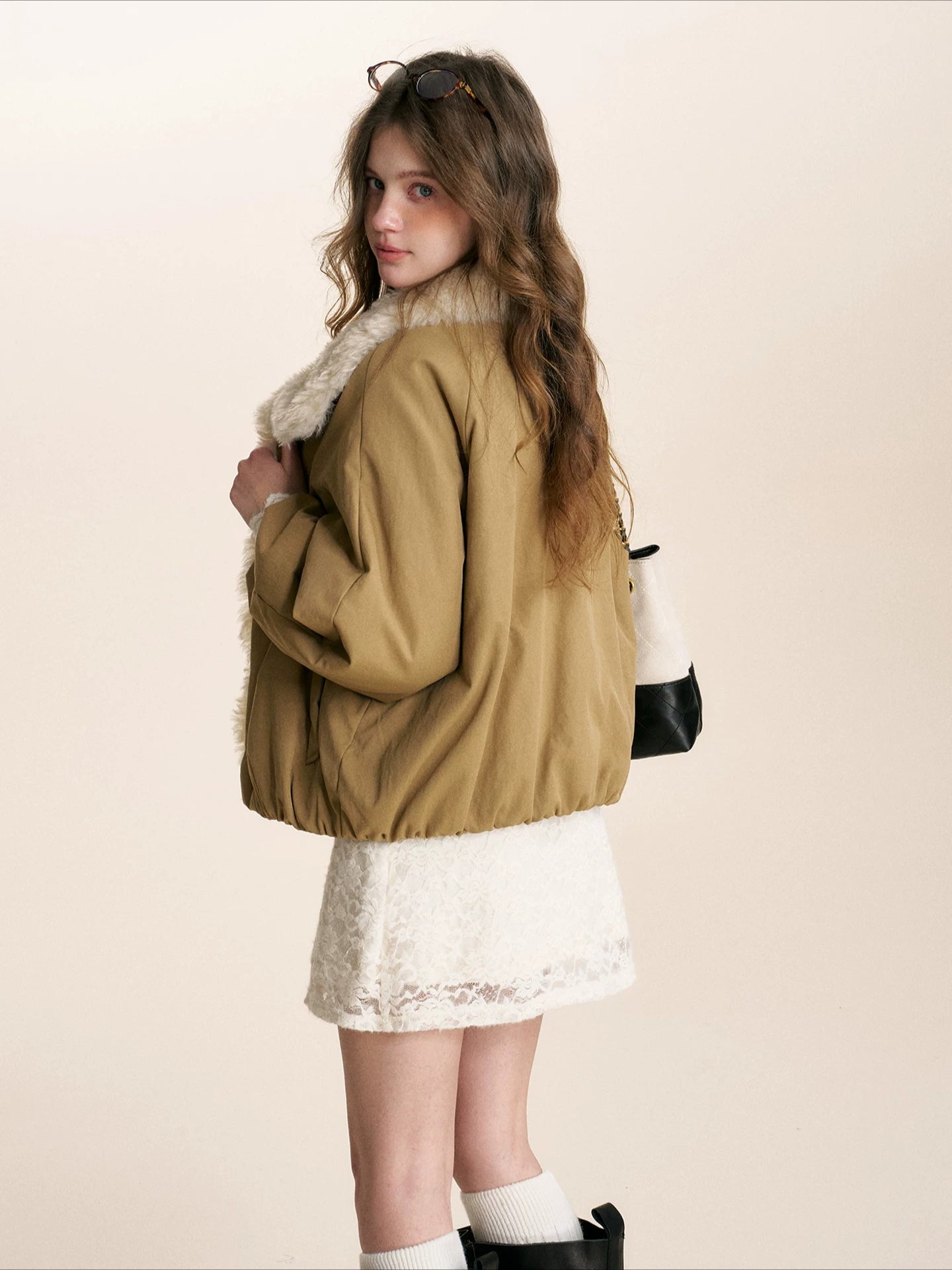 Khaki Shearling Collar Parka Jacket