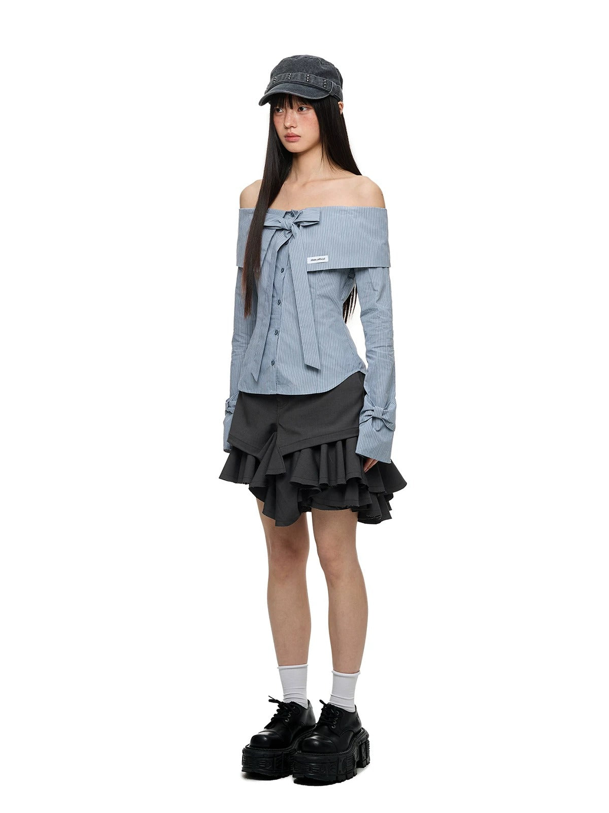 Off Shoulder Bow Tie Stripe Blouse