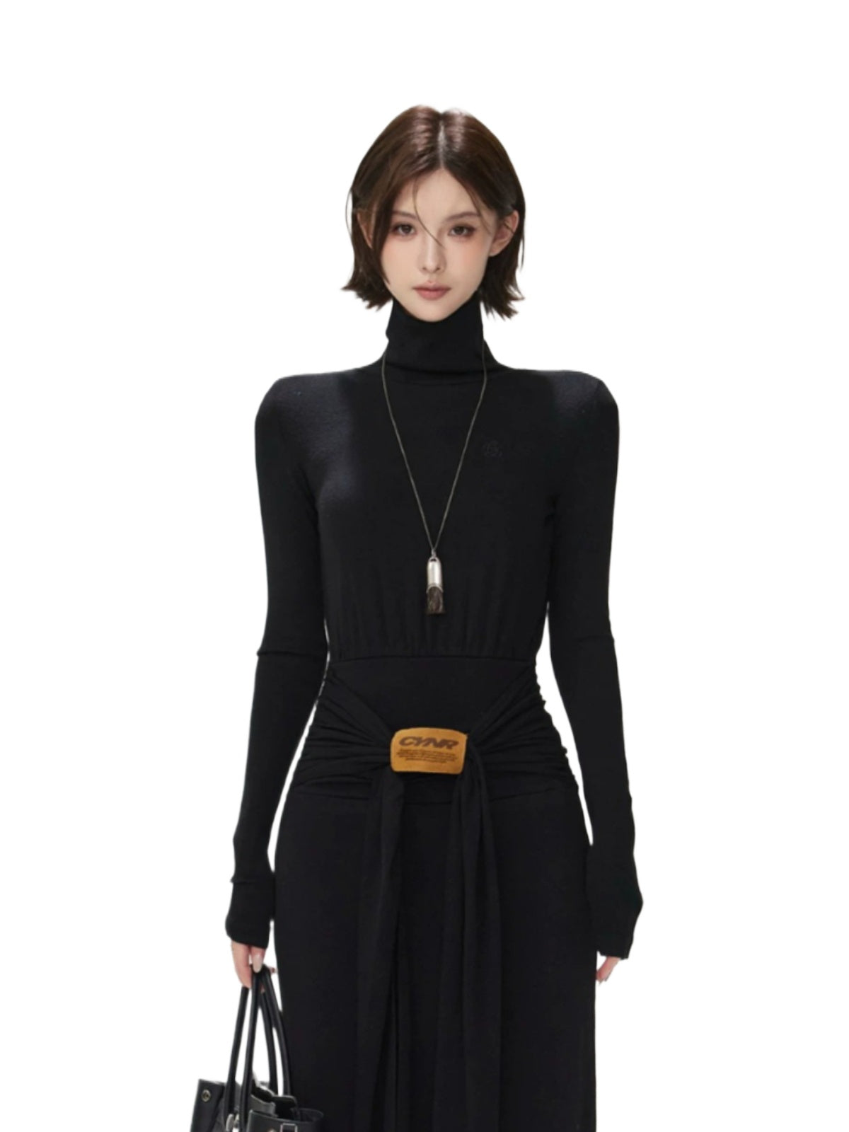 Turtleneck Tie Waist Knitted Maxi Dress