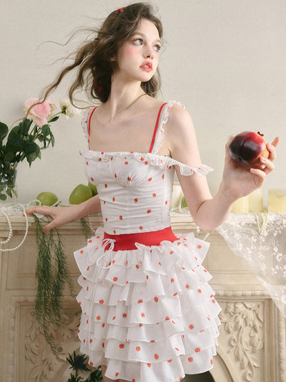 White Tomato Print Layered Skirt
