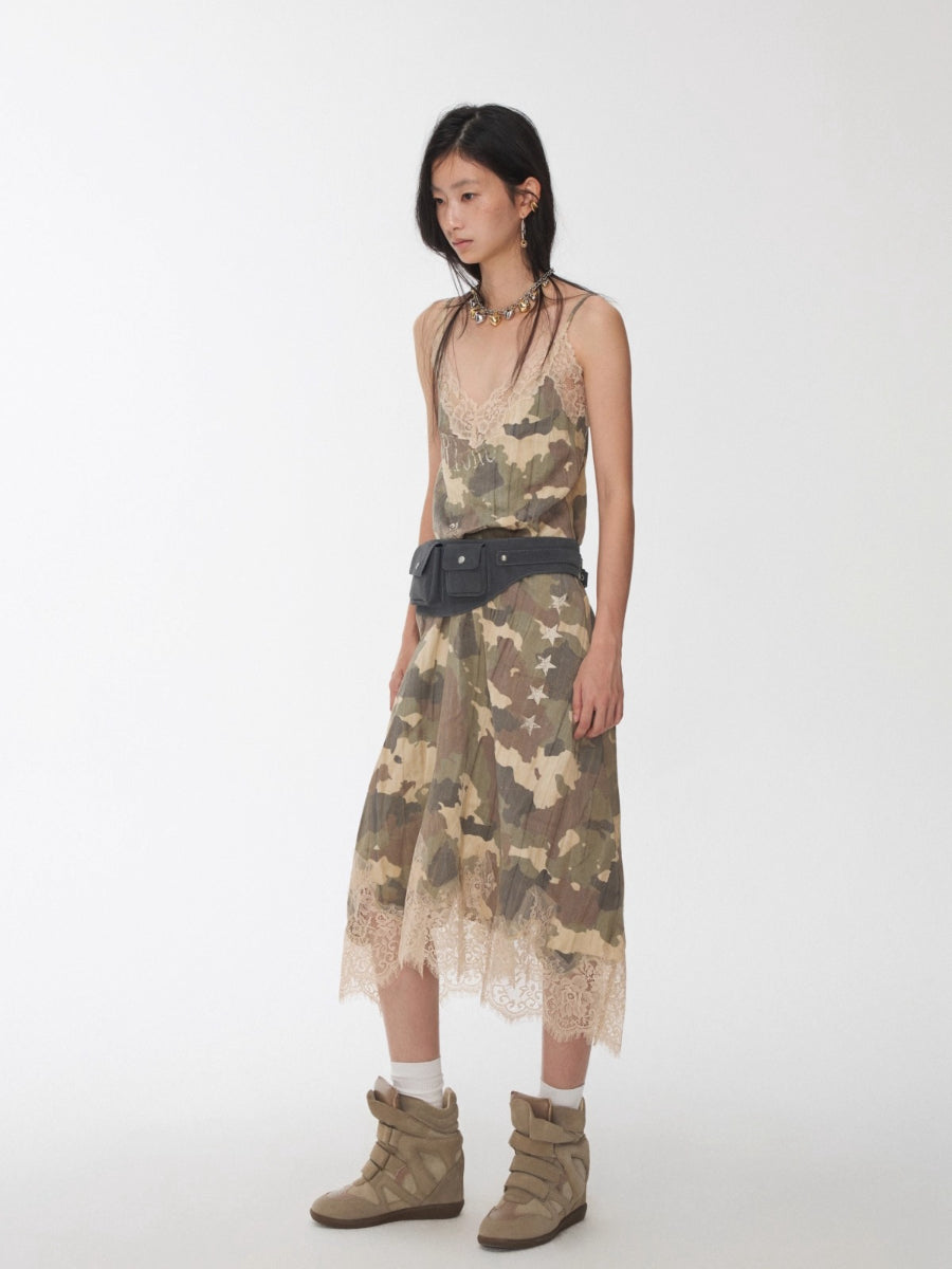 Camouflage Lace Trim Slip Dress