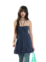 Navy Blue Polka Dot Halter Dress
