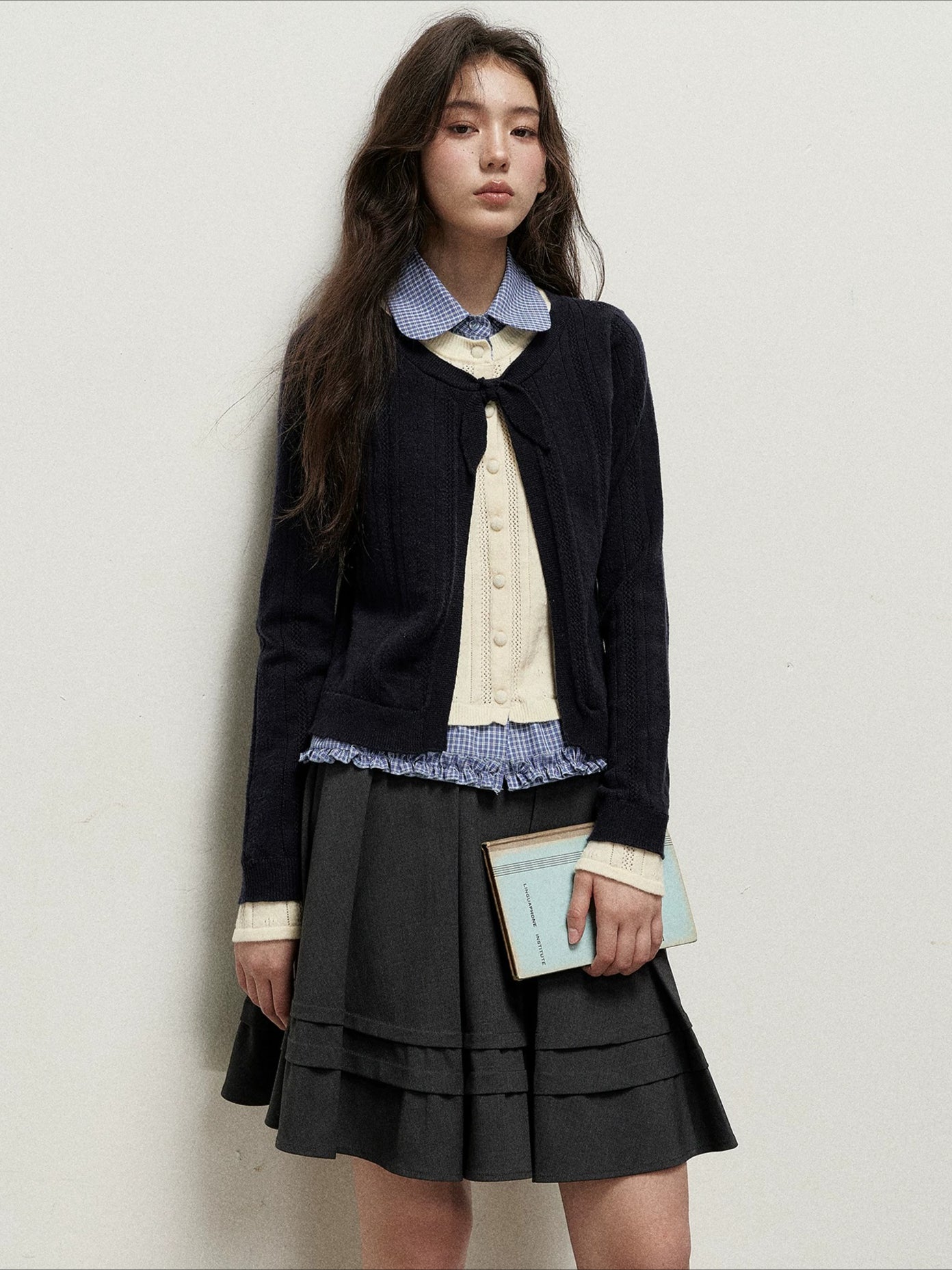 Plaid Collar Layered Knit Top
