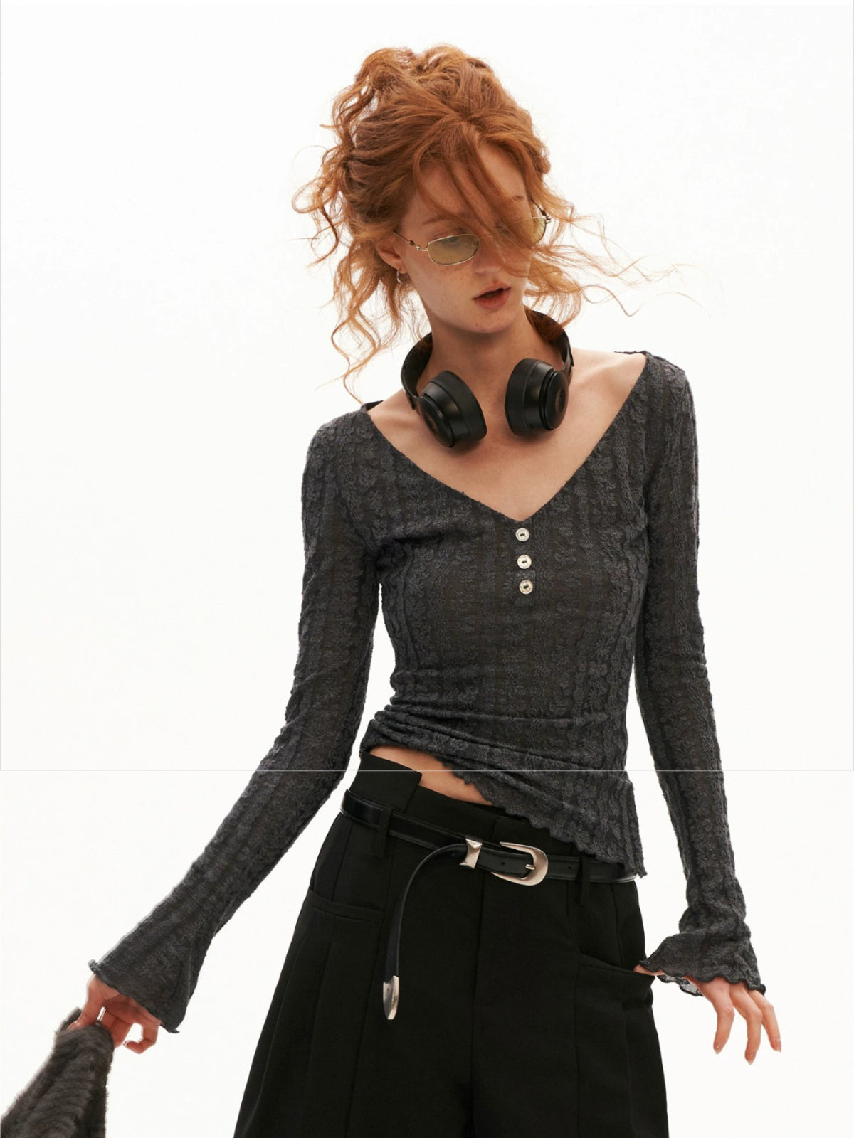 Wool Lace V-Neck Fitted Top