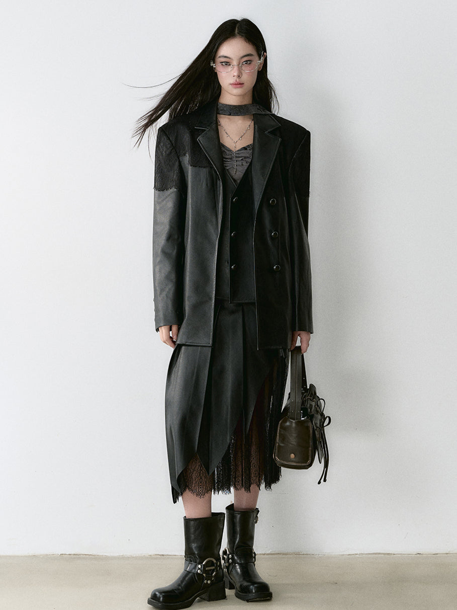 Coffee &amp; Black Lace-paneled PU Leather Skirt