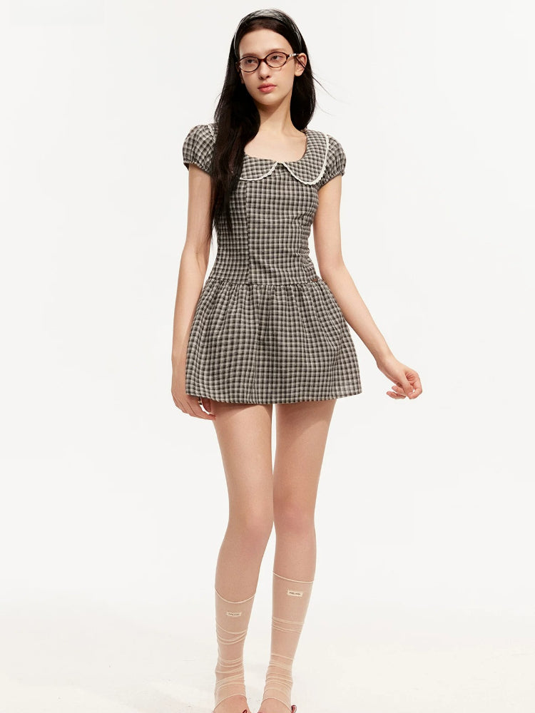 Plaid Pan Collar Puff-Sleeve Dress