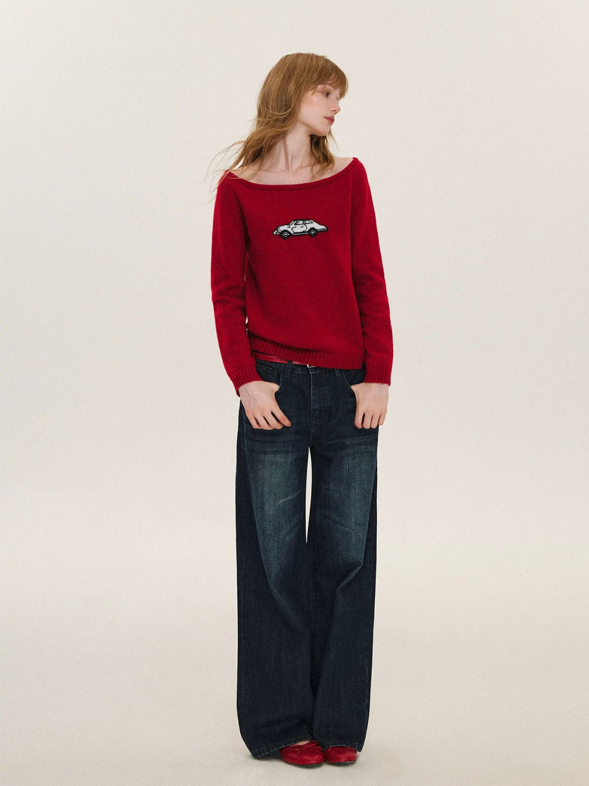 Car Motif Off Shoulder Sweater