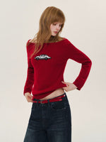 Car Motif Off Shoulder Sweater