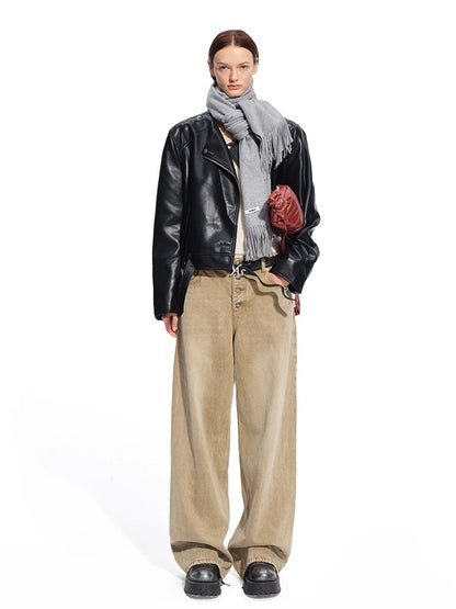 &quot;Dejembe Series&quot;Satin-Finish PU Leather Moto Jacket