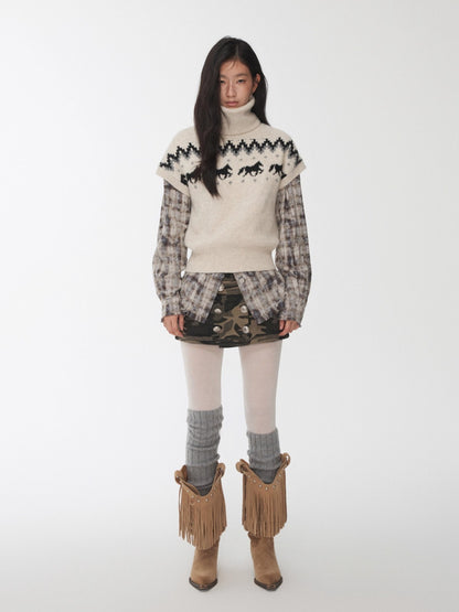 Fair Isle Pony Jacquard Turtleneck Knit Sweater