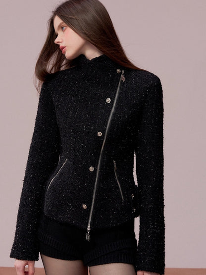 Sparkling Tweed High Neck Waist Cinching Jacket