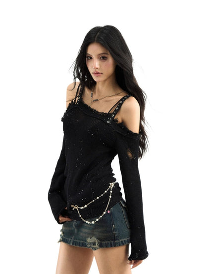 Distressed Off-Shoulder Knit Top