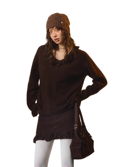 3D Rose V-Neck Knit Set