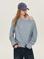 Rhinestone Button Off-Shoulder Sweatshirt