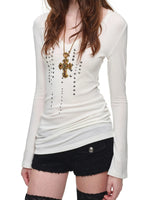 Rhinestone V Neck Knit Top