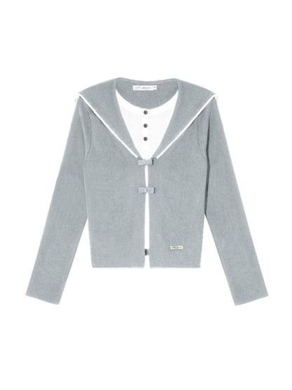 Navy Blue &amp; Gray Sailor-Bow Knit Cardigan