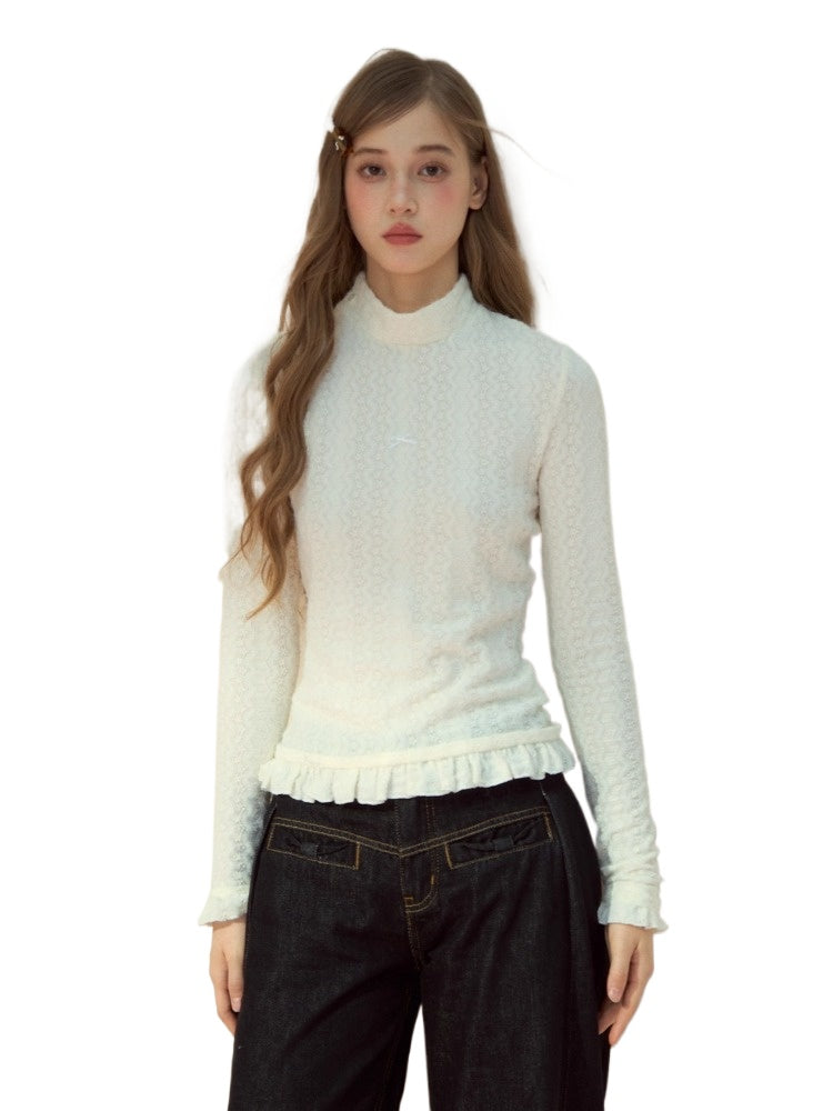 Layered Lace-Texture Mock Neck Knit Top